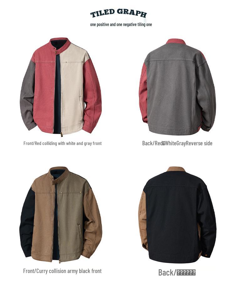 Men's American Retro Patchwork Harrington Jacket - Heavy-Duty, Loose Fit, Autumn/Winter 2025, Color Block Trendy Workwear