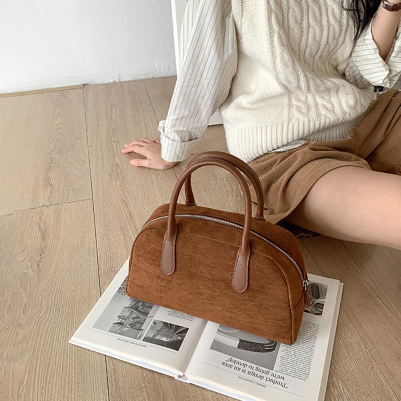 Vintage Faux Suede Women'S Boston Handbags Luxury Retro Ladies Small Top-Handle Shoulder Bag Fashion Female Bowling Tote Purse