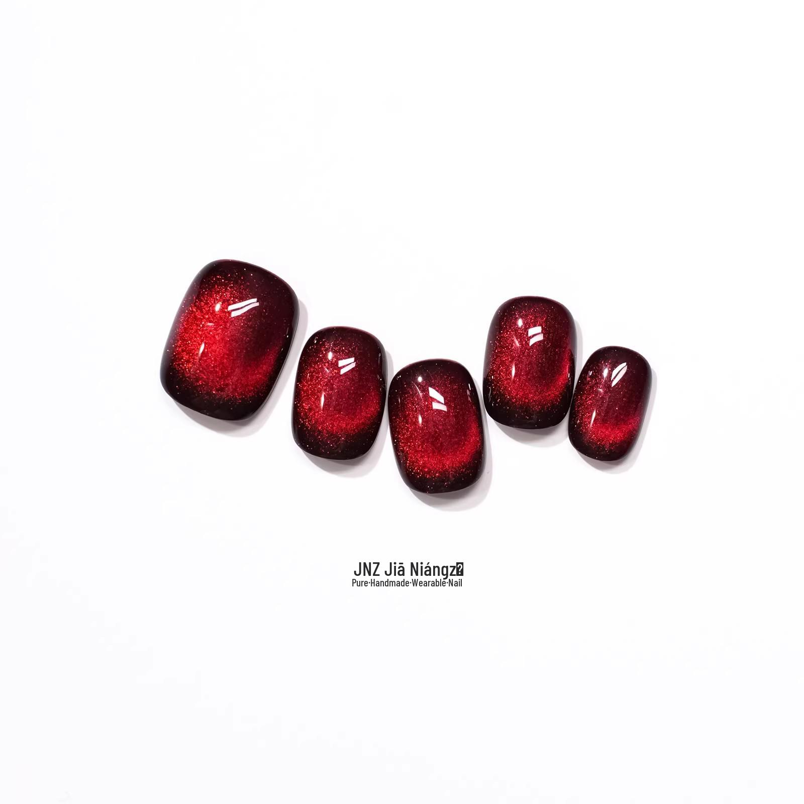 

Jia Niangzi Short Red Wine Rose Cat Eye Finished Nail Art with High-Grade Glass Beads
