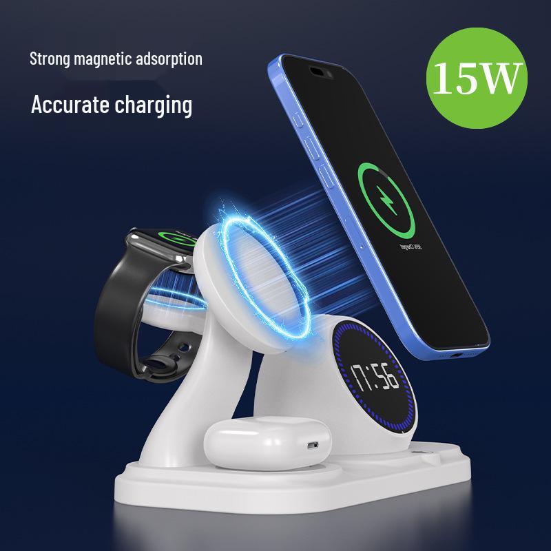 Six-in-One Magnetic Wireless Charger: Clock, Light, Bluetooth Speaker for Apple Devices