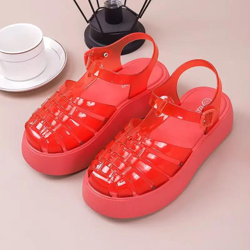 Fashion Women's New Thick Soled Jelly Sandals 2025 Summer Fashion Multifunctional Woven Hollow Flat Roman Shoes Women's Platform Sandals