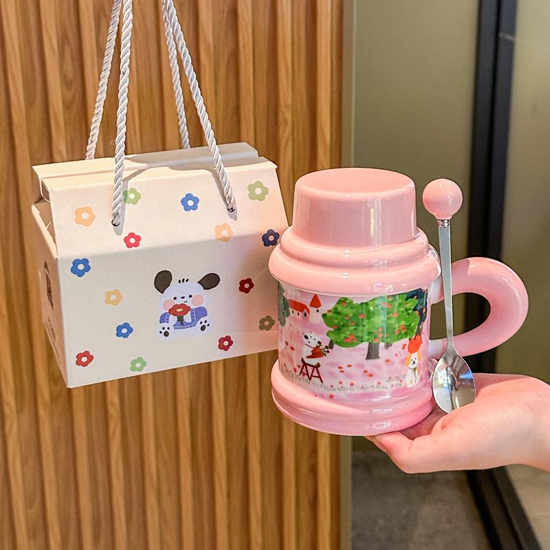 Cute Fairy Tale Puppy Water Cup Couple High Value Ceramic Mug with Lid Spoon Birthday Graduation Gift for Boys and Girls