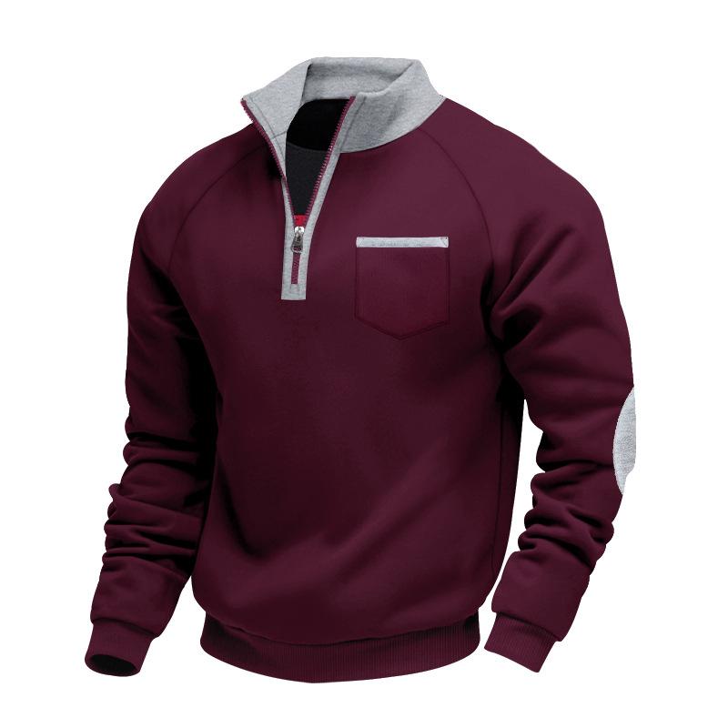 Men's Heavyweight Fleece-Lined Thermal Zip-Up Stand Collar Personalised Patchwork Stylish Casual Long-Sleeved Sweatshirt