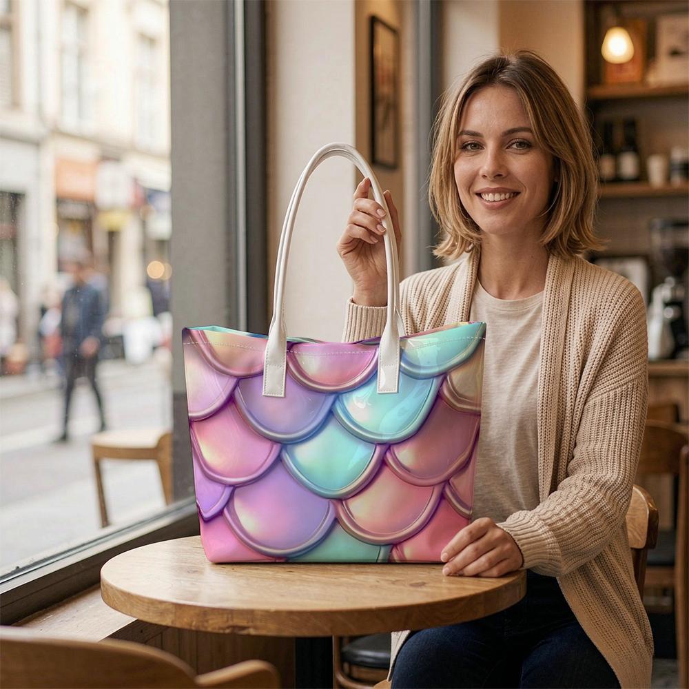 Iridescent Mermaid Scales Pattern Casual Tote Bag for Women Portable Daily Use Stylish Shoulder Handbag