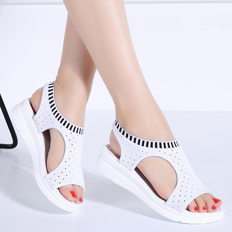 Women Summer Platform Middle Heels Mesh Cotton Fabric Student All-match Wedge Sandals