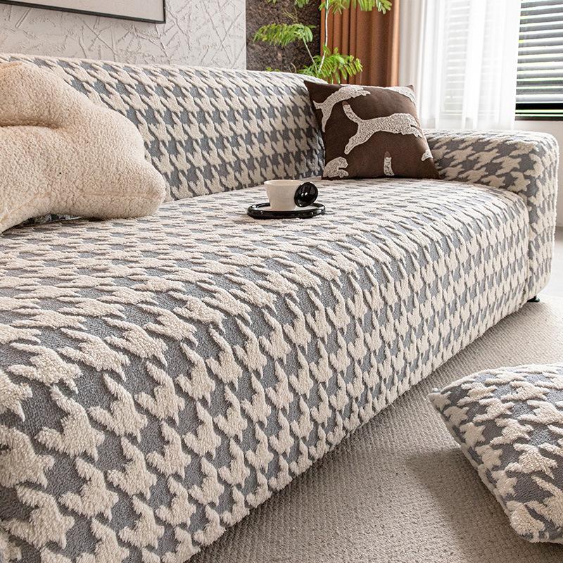 Cozy Houndstooth Check Velvet Sofa Cover All Inclusive Anti-Skid Seat Cushion Furniture Protection Slipcover For Living Room