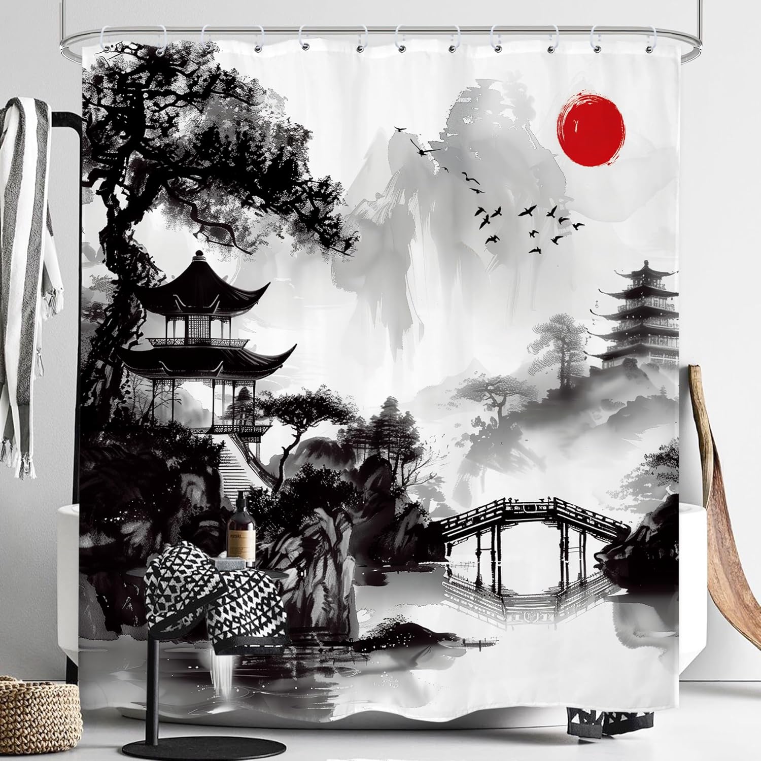 Annier Black/Red Japanese Asian Shower Curtain Watercolor Chinese Mountain Sun Tree Anime Scenery Ink Painting Cloth Fabric Waterproo
