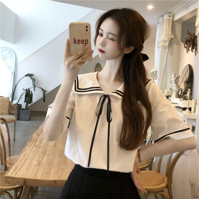 Women's French Navy Collar Shirt & Pleated Skirt Set - Fresh JK Campus Style