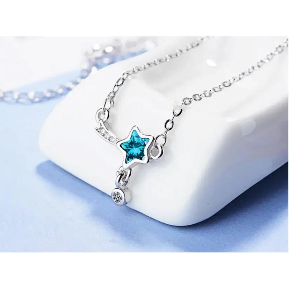 100% 925 Silver Blue Crystal Star Charm Pendant Necklace For Women Wedding Romantic Party Jewelry Choker Collar