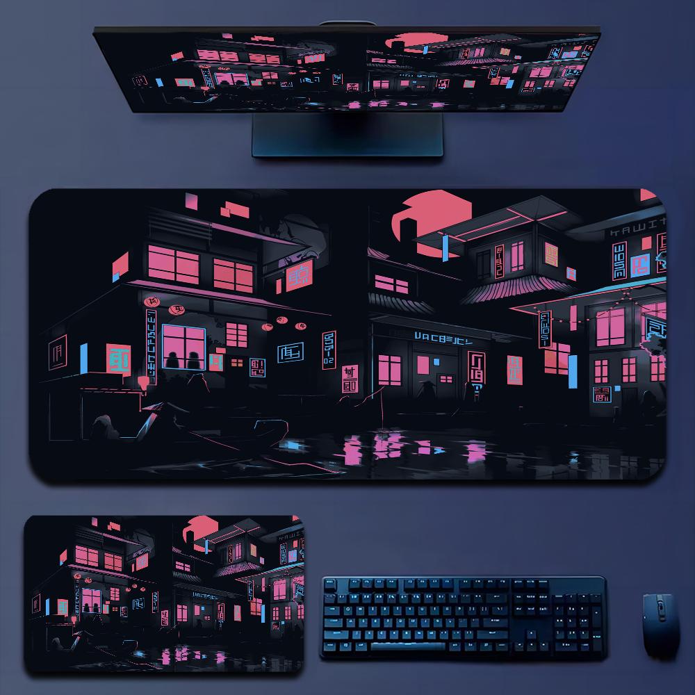 Japan Aesthetics Purple Neon City In Stocked Laptop Gaming Mice Mousepad Size for large Edge Locking Game Keyboard Pad