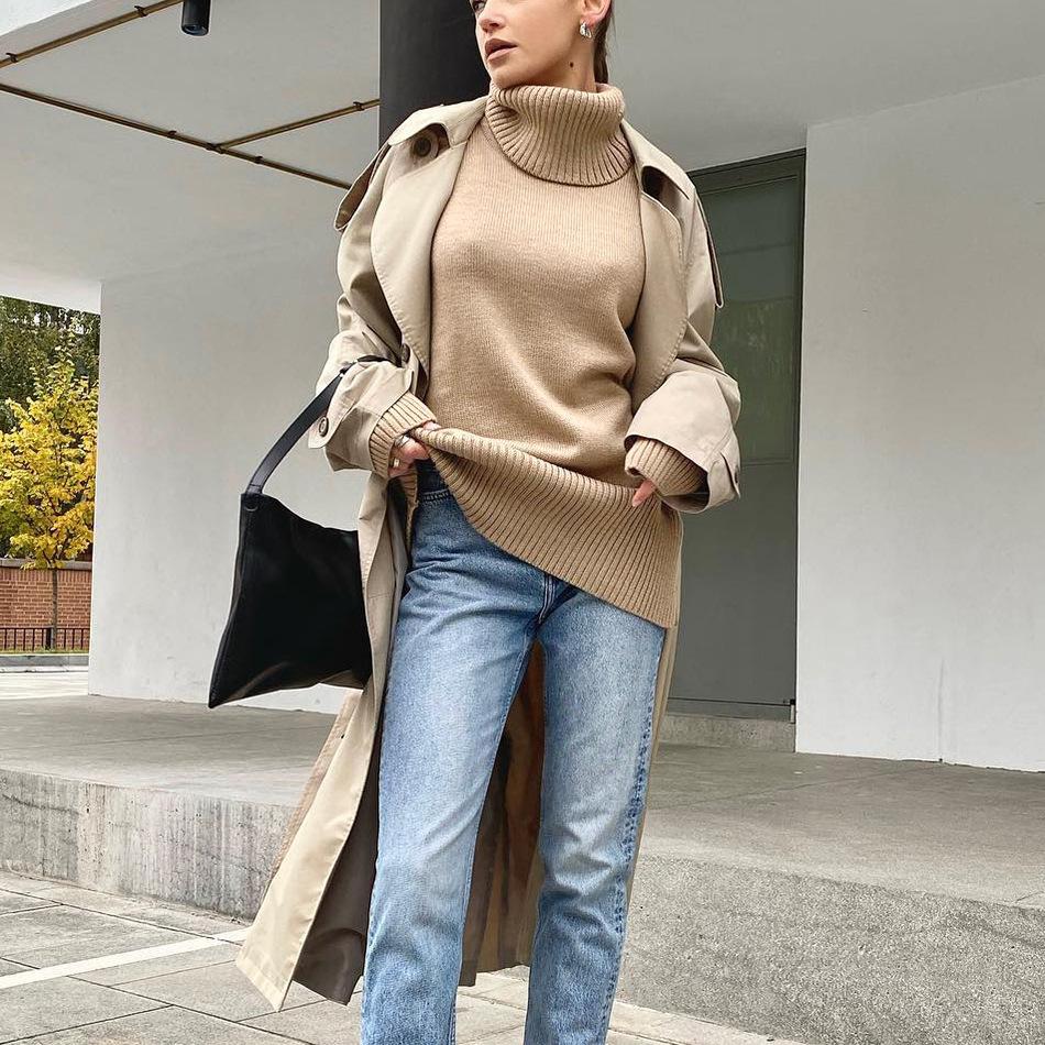 Russia Hot Sale Solid Color Women's Knitted Pullover Turtleneck Loose 066