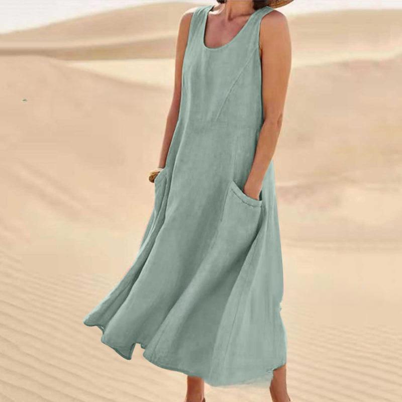 Summer Pocket Sleeveless Round Neck Women's Cotton and Linen Dress