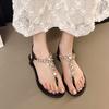 Large size women's shoes 41-43 fat feet rhinestone toe Roman sandals summer versatile flat bottom with skirt seaside beach shoes