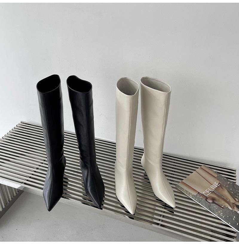 2025 spring and autumn new fashion versatile simple fashion wide boots Korean version pointed sleeve high boots soft leather