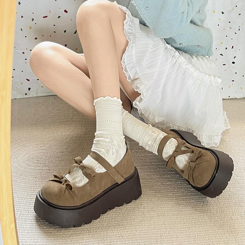 Fashion Women Mary Jane Shoes Autumn Round Toe Vintage Bow Knot Platform Leather Shoes Height Increase Comfortable Fashion Single Shoes