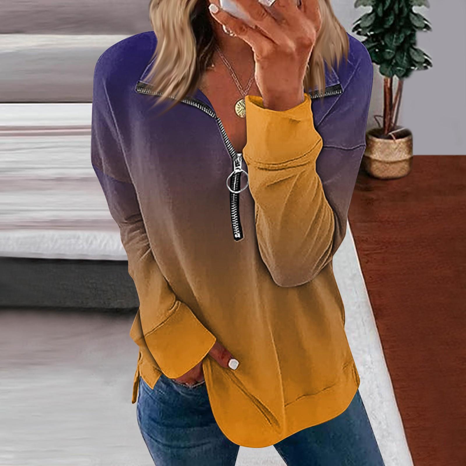 Women s Fashion Long Sleeve Gradient Print Zipper Hoodie Top XL