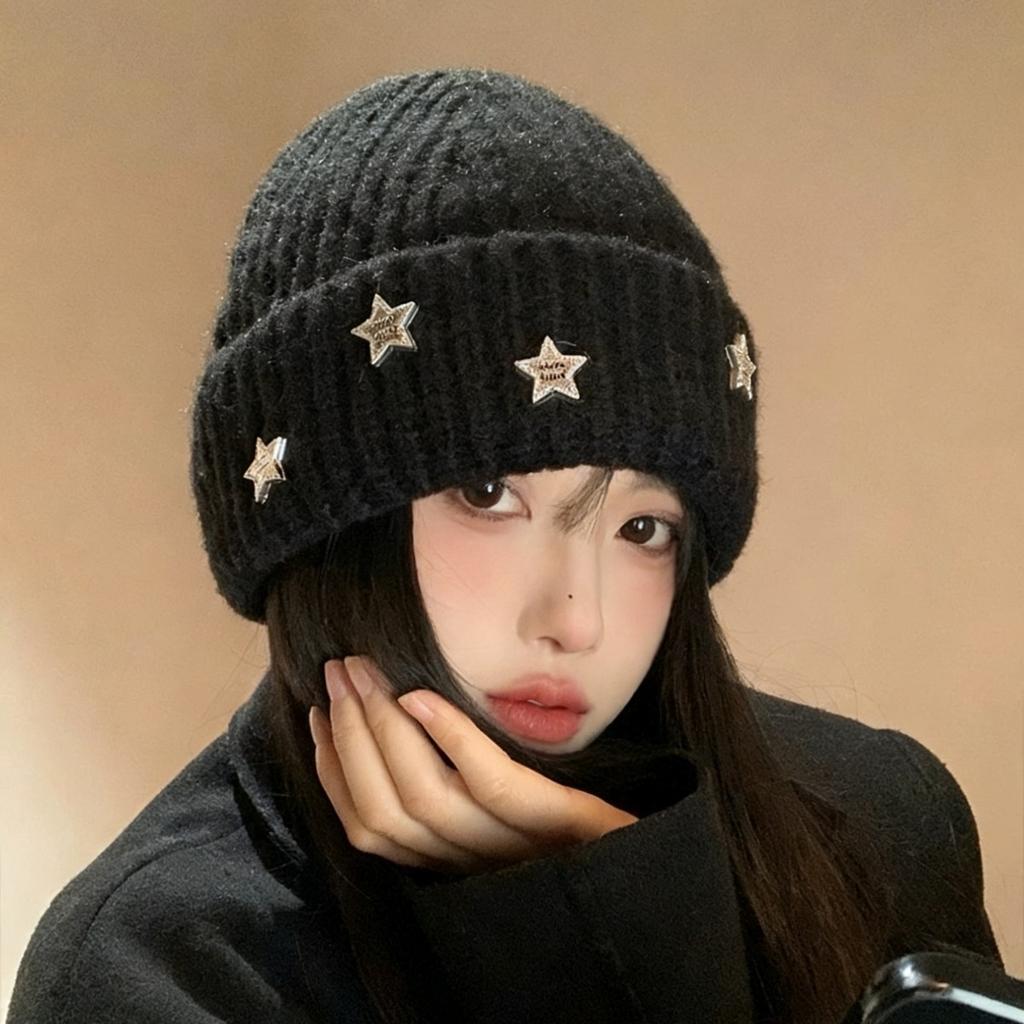 New hat women's winter fashion star knitted pullover hat big head circumference versatile face small wool hat tide