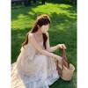 Seaside vacation gentle wind pink irregular lace suspender cake skirt summer unique beautiful loose dress