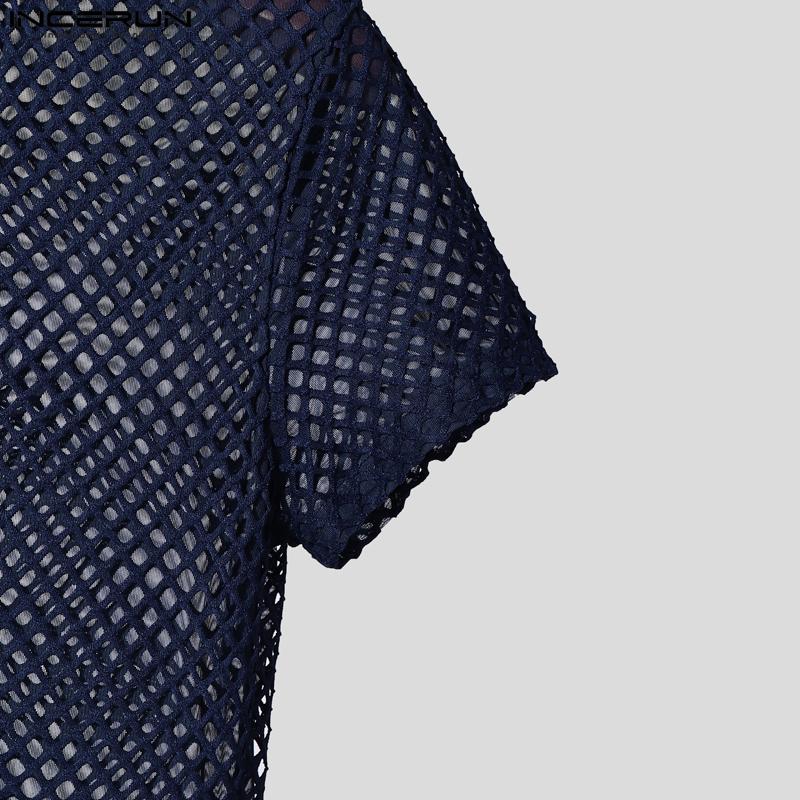 INCERUN Men Summer Short Sleeve Bandage Hollow Sheer Party Club Crop Tops T-shirts
