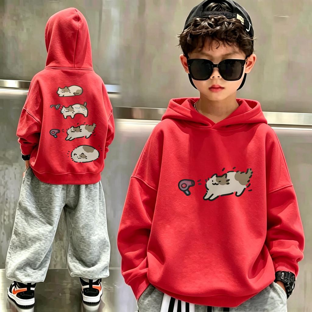 The Latest Y2K Cute Cartoon Cat Double-sided Pattern Hooded Sweatshirt, a Loose and Casual Children's Hooded Sports Shirt