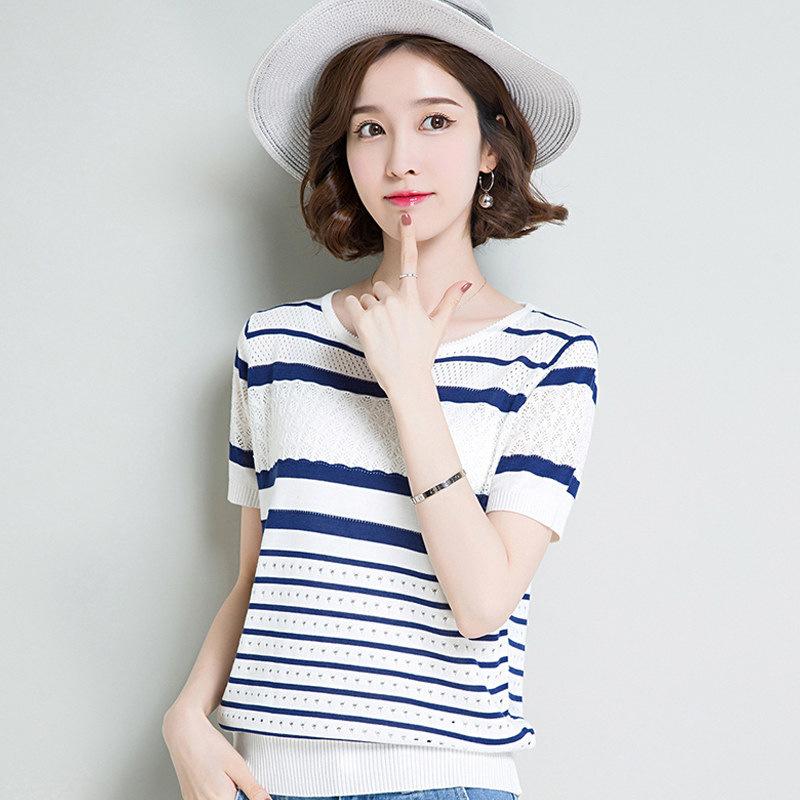 Summer Women's Ice Silk Striped Short Sleeved T-shirt Loose Base Shirt Knitted Versatile Sun Protection Top