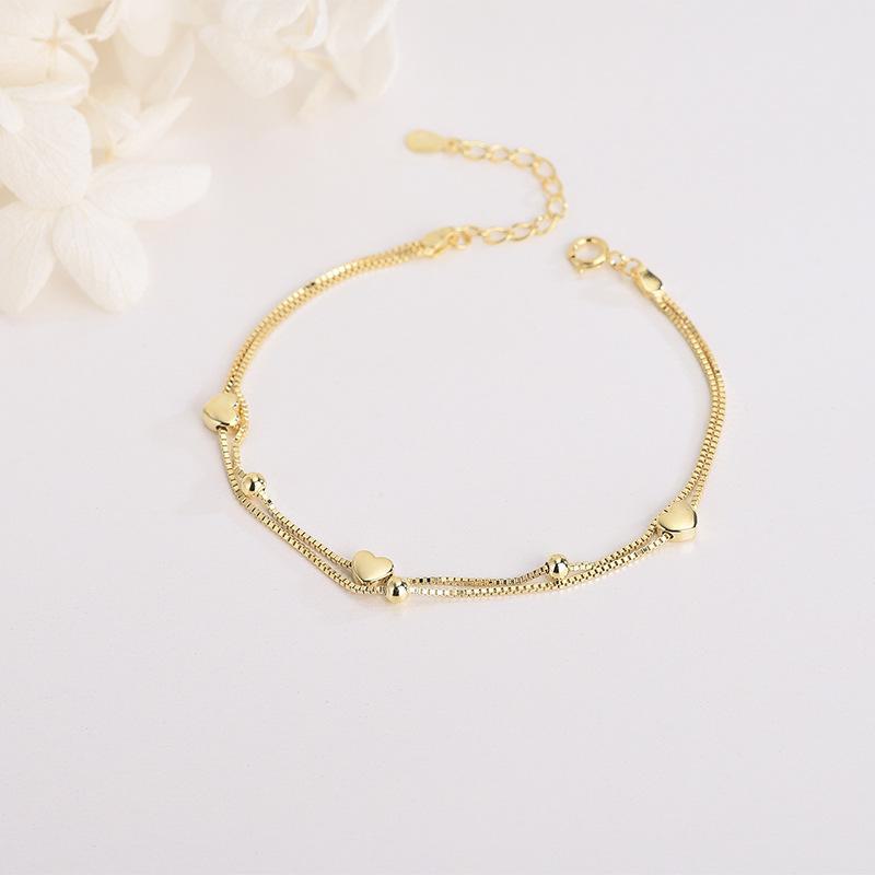 Sterling Silver Double-Layer Heart & Round Bead Bracelet - Japanese & Korean Style