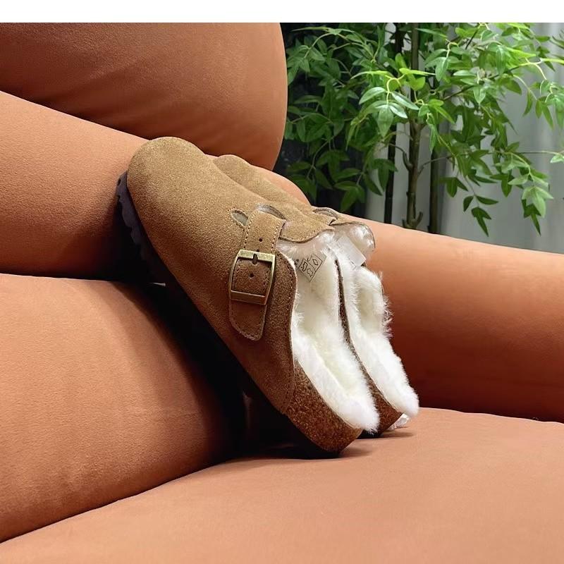 Fashion Women's Slippers 2024 Autumn Winter Leather Round Toe Slippers Couple Slippers Outdoor Casual Keep Warm Women Suede Slides Mujer