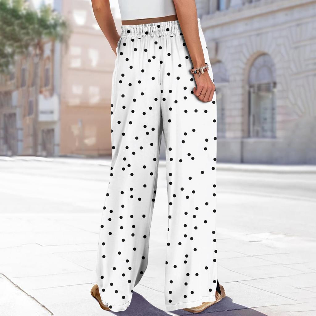 Women's Printed Wide Leg Pants With Pockets High Waist Drawstring Loose Casual Pants
