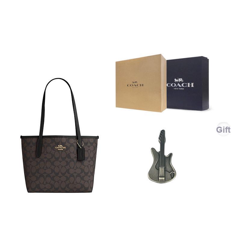 Coach City 23 Classic Monogram Metal Logo Tote Bag Shopping Bag Shoulder Handbag Medium Women Tote Bags Walnut Black CU759-IMXAQ