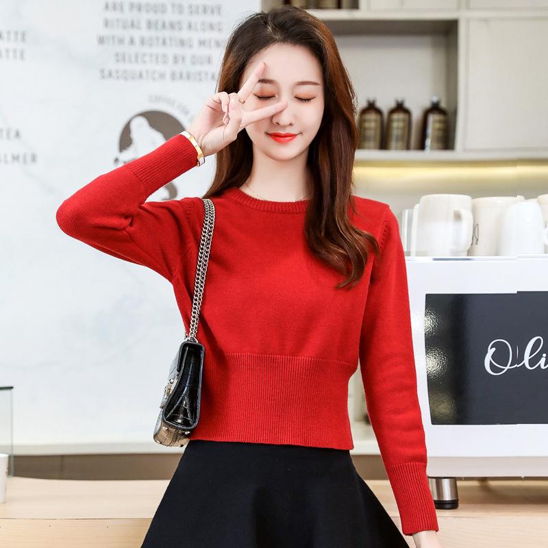 Knit Short Top Base Layer Fall Winter Slim Fit Long Sleeve Round Neck Inner Wear High Waist Sweater Women