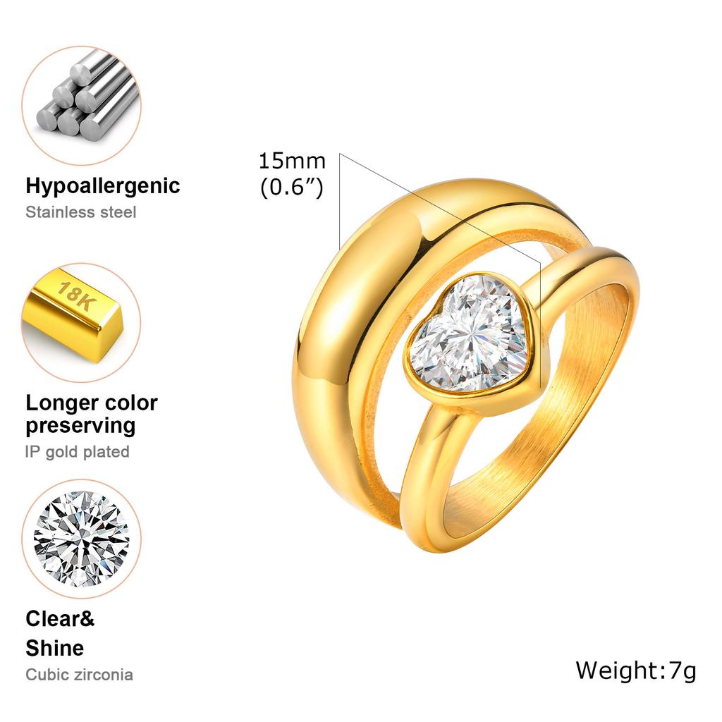 Chunky Zirconia Dome Ring for Women, Double Layered Stainless Steel Bold Stacking Croissant Statement Ring Jewelry