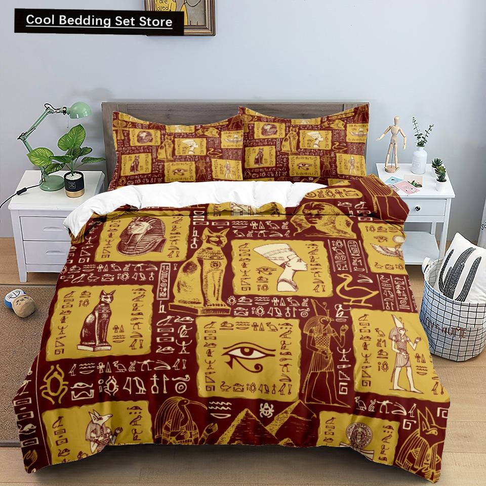 Ancient Egypt Pharaoh King Queen Duvet Cover African Egyptian Style Bedding Set for Teens Adults Black Tribe Ethnic Quilt Cover