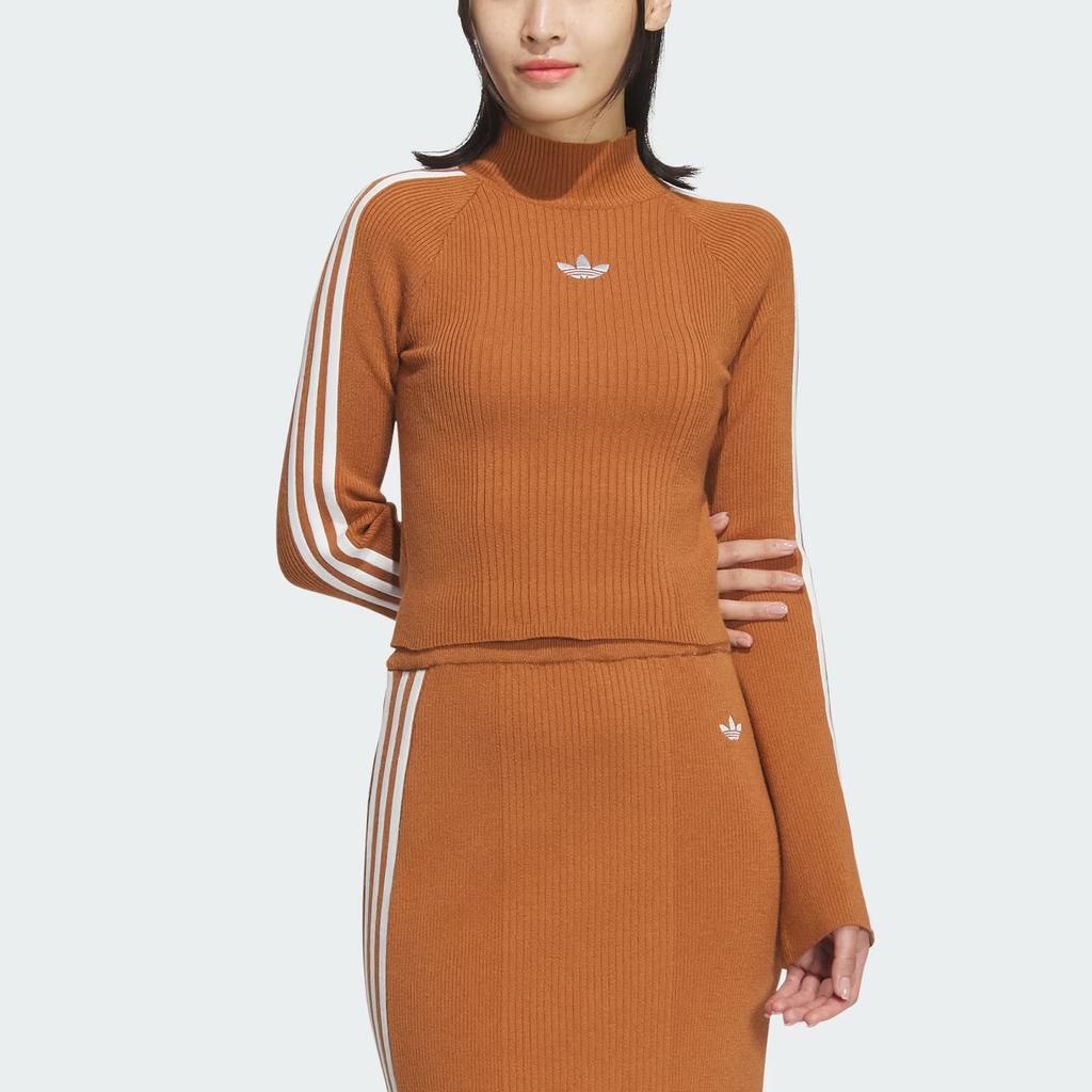 Adidas Originální prémiový pletený rolák Třípruhový barevný blok svetr Dámské topy Divoká hnědá JI7059