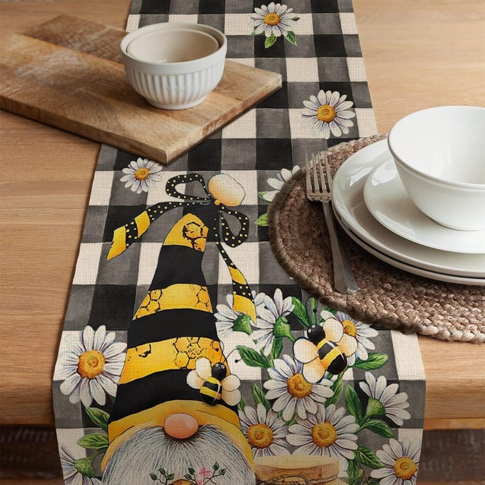 Seliem Spring Bee Gnome Table Runner, Honey Black White Buffalo Plaid Check Home Kitchen Dining Decor, Summer Seasonal Farmhouse Daisy Decorations