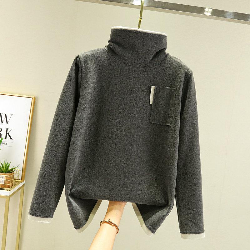 German Velvet Women's Half Turtleneck Pocket Top - Thick, Warm, Slimming, and Versatile Two-In-One for Autumn/Winter.