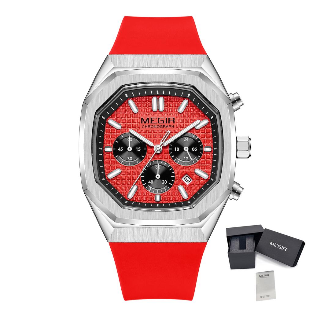 MEGIR 2215 Men Luxury Watches Fashion Casual Sports Chronograph Silicone Strap Quartz Wristwatch Calendar Waterproof Clock