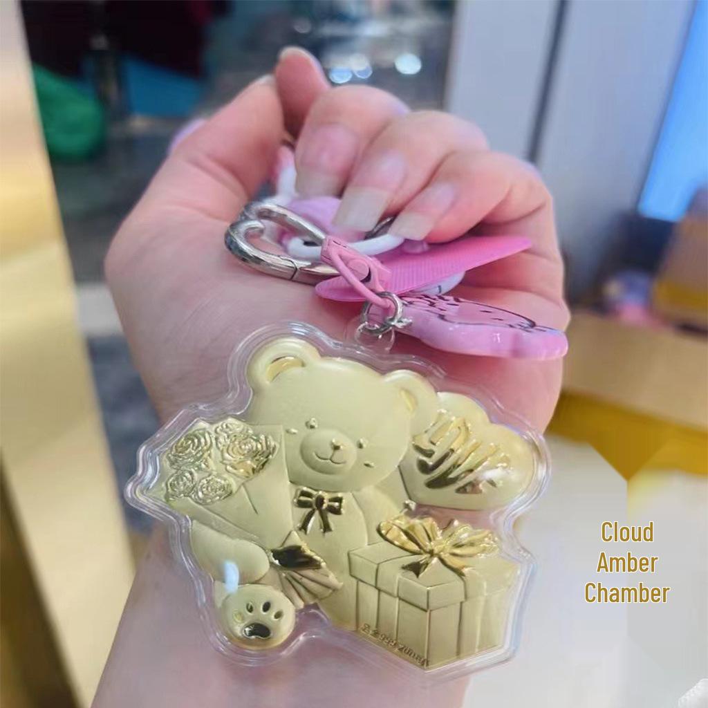 999 Pure Gold Cow Horse Pendant & Bear Charm with Gold Foil - 20mg Keychain Bag Accessory