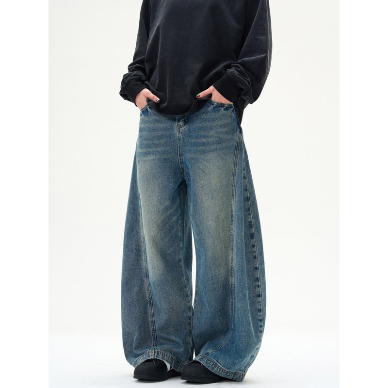 Kisko American Retro Washed Distressed Machete Design Denim Male and Female Trendy Brand Wide Leg Loose Sickle Pants