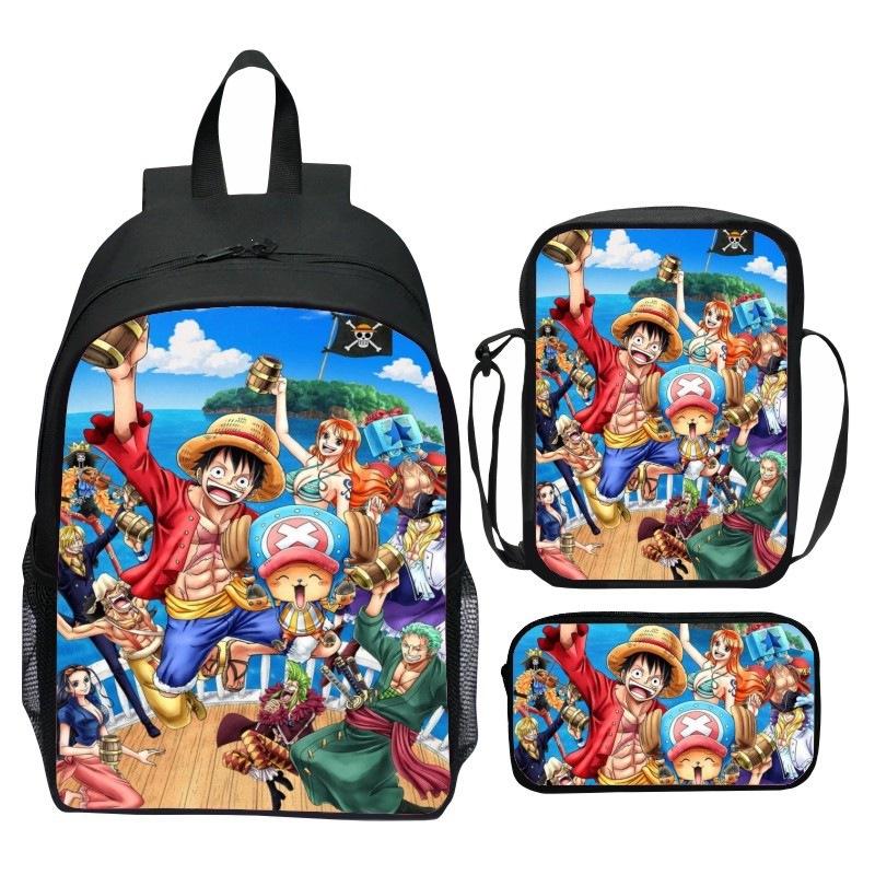 Set Zaino 3 Pezzi Stampato One Piece Cartone Animato Pirata Blu Marinaio Zaino Scuola Elementare Grande Capacità Resistente all'Acqua Zaino per Bambini