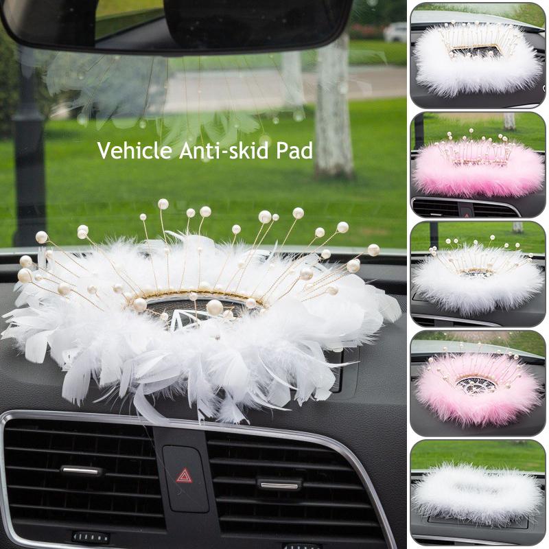 INS Decor Pink/White Feather Pearl Car Anti-slip Mat Console Ornament Storage Pad Cute Auto Accessories Female Car Interior
