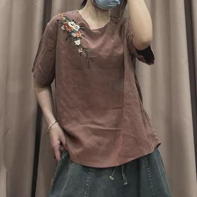 Women's Summer Ethnic Embroidered Cotton Linen Loose Short Sleeve T-Shirt