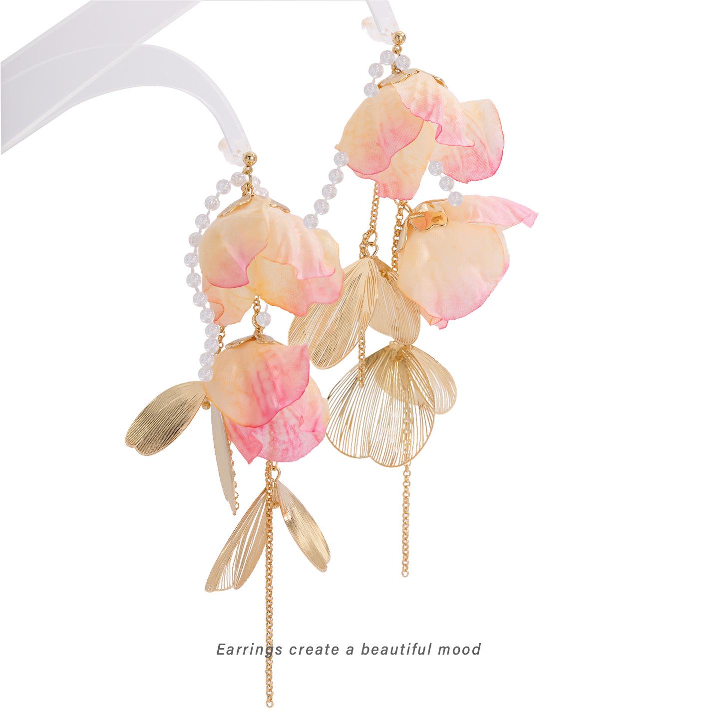 

Korean Vintage Pink Floral Fringe Earrings with Pearl Chain and Multi-Layer Design