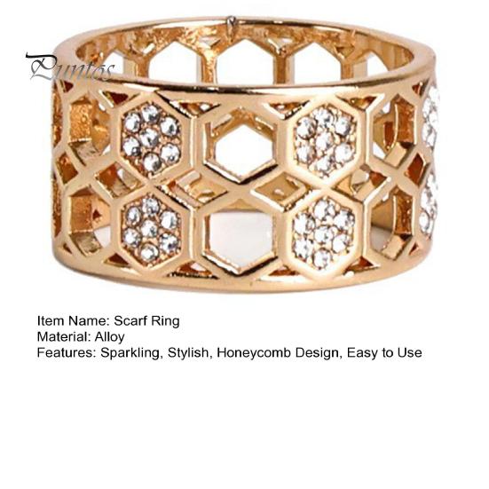 Lightweight Metal Scarf Ring Honeycomb Silk Ring, Hollow-out Bandana Slide Rhinestone Holder for Women Neckerchiefs Shawls Shirts Electroplated