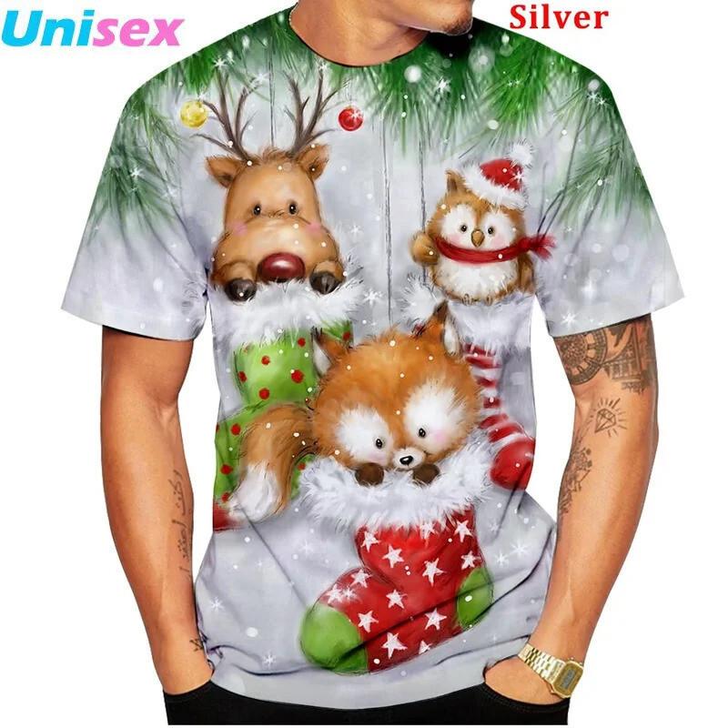 Men's Christmas Themed Pattern T-shirt, Men's Fashionable Casual Printed Holiday Oversized Round Neck Short Sleeved Cartoon T-shirt