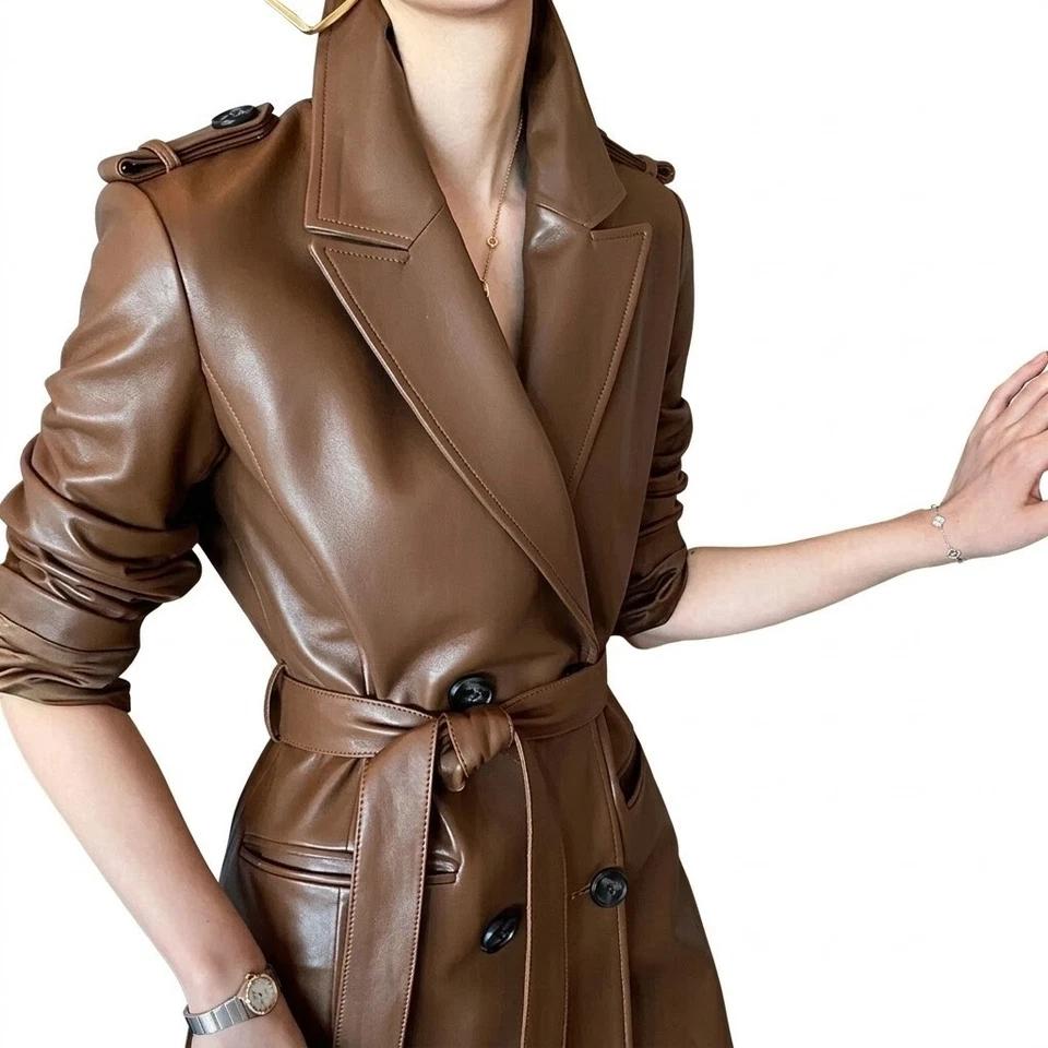 Handmade Genuine Party Wear Fit Brown Women's Casual Lambskin Leather Trench Coat