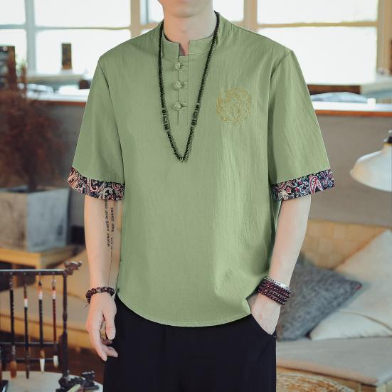 Pánské tričko s stojáčkem, čínský vintage styl, jednobarevný tištěný vyšívaný volný poloviční rukáv, měkké, plus velikost