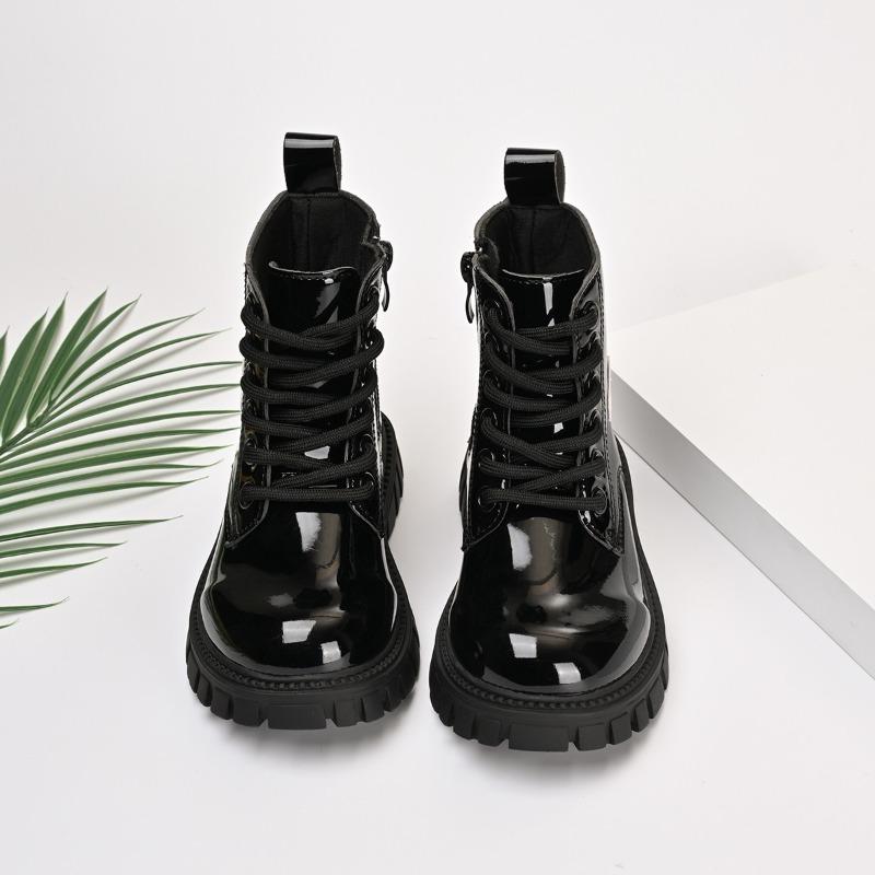 Girls Short Boots Sweet Love Heart Kids Princess Boots Black Glossy Versatile  Autumn  Children Leather Boots Side Zipper