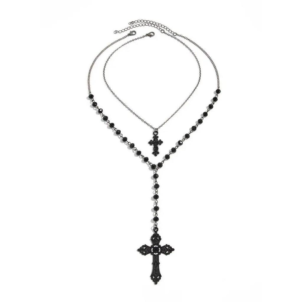 IngeSight.Z Goth Punk Y2K Doublelayer Metal Cross Pendant Necklace Women Vintage Black Crystal Beaded Choker Charm Jewelry Gift