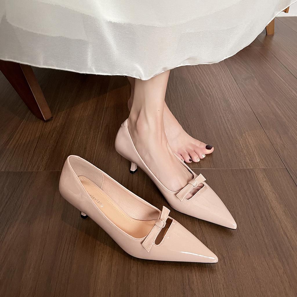 Weiwei girl 338-11 French pointed single shoes women's bow nude thin heel light mouth temperament high heels women