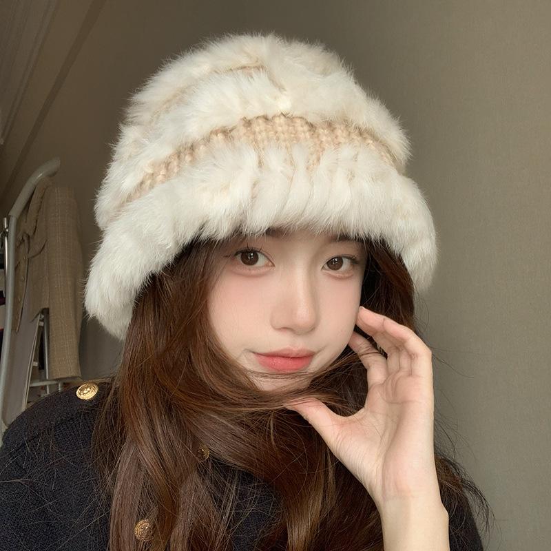 

Plush bucket hat women s autumn and winter versatile face small knitted hat thickened warm ear protection rabbit hair hat tide M（56-58cm）